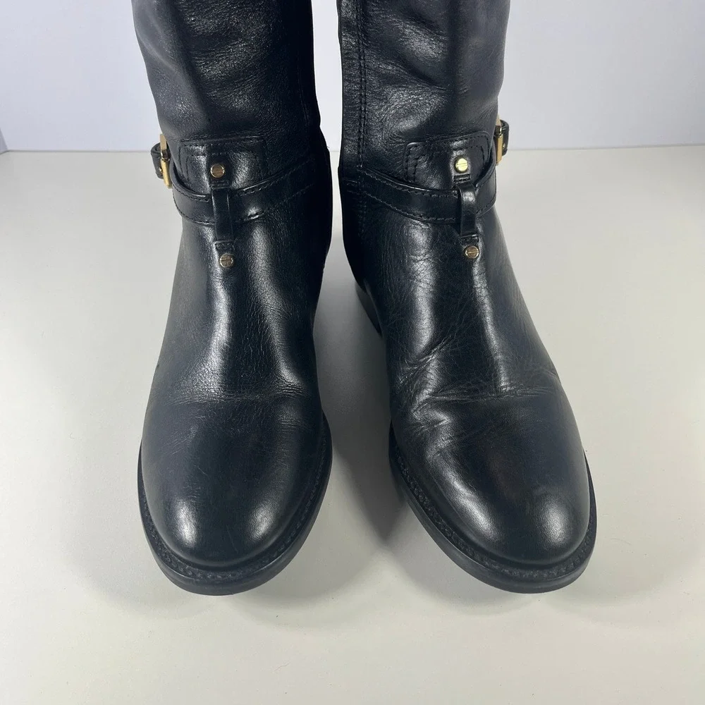 Tory Burch Eloise Tall Riding Boots Womens 7M Black Leather Knee High Equestrian